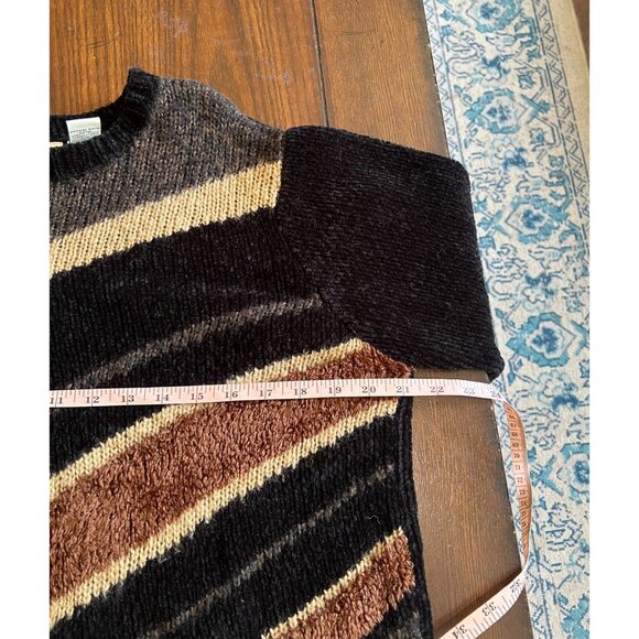 Vintage 90's Classic Elements Striped Chenille Sweater Black Neutral Medium - Picture 5 of 6